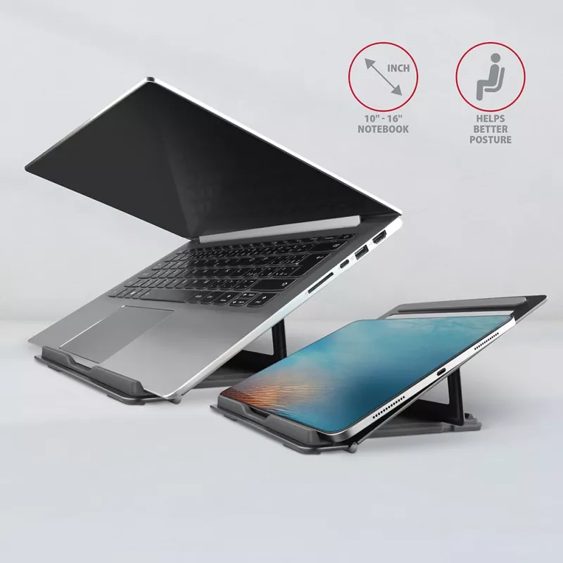Axagon STND-L aluminiowa podstawka pod laptopy o przekątnej 10-17,3 cala. Osiem pozycji regulacji wysokości i kąta. Wersja szara.
