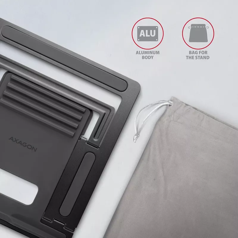 Axagon STND-L aluminiowa podstawka pod laptopy o przekątnej 10-17,3 cala. Osiem pozycji regulacji wysokości i kąta. Wersja szara.