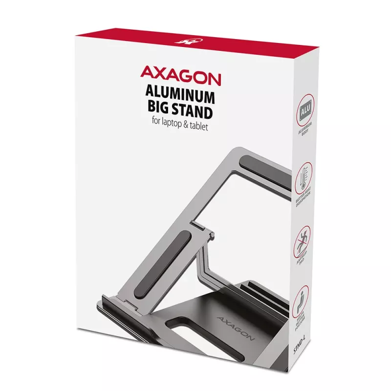 Axagon STND-L aluminiowa podstawka pod laptopy o przekątnej 10-17,3 cala. Osiem pozycji regulacji wysokości i kąta. Wersja szara.