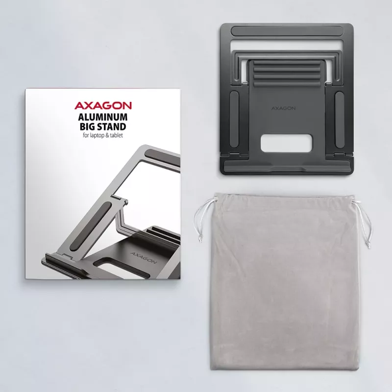 Axagon STND-L aluminiowa podstawka pod laptopy o przekątnej 10-17,3 cala. Osiem pozycji regulacji wysokości i kąta. Wersja szara.