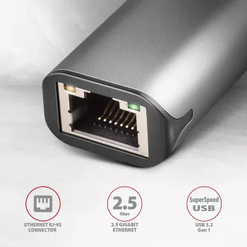 Adapter sieciowy 2.5 Gigabit Ethernet AXAGON ADE-25R — USB Type-C, 10/100/1000/2500 Mbit, 5000 Mbit/s, aluminium, szary