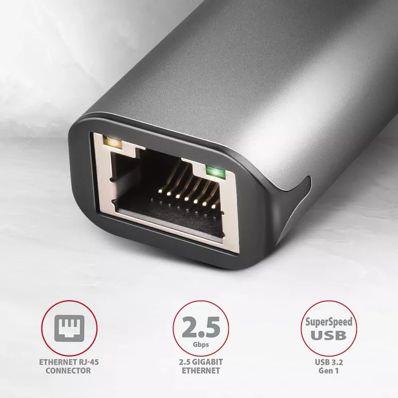 Adapter sieciowy 2.5 Gigabit Ethernet AXAGON ADE-25R — USB Type-C, 10/100/1000/2500 Mbit, 5000 Mbit/s, aluminium, szary