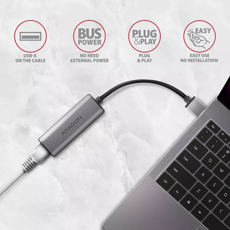 Adapter sieciowy 2.5 Gigabit Ethernet AXAGON ADE-25R — USB Type-C, 10/100/1000/2500 Mbit, 5000 Mbit/s, aluminium, szary