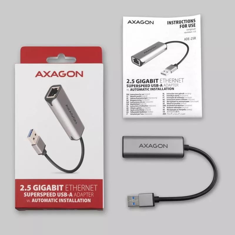 Adapter sieciowy 2.5 Gigabit Ethernet AXAGON ADE-25R — USB Type-C, 10/100/1000/2500 Mbit, 5000 Mbit/s, aluminium, szary