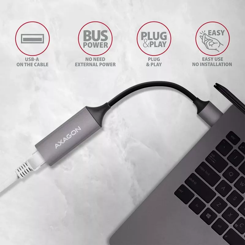 AXAGON USB 3.2 Gen 1 Type-A do Gigabit Ethernet adapter ADE-TR — 10/100/1000 Mbps, metal tytan szary, 5000 Mbit/s