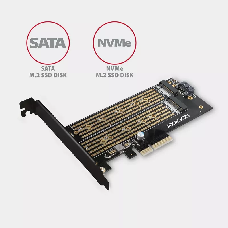 Axagon PCEM2-D PCIe x4 - adapter na dwa dyski M.2 NVMe M-key + SATA B-key z zaślepkami SP i LP