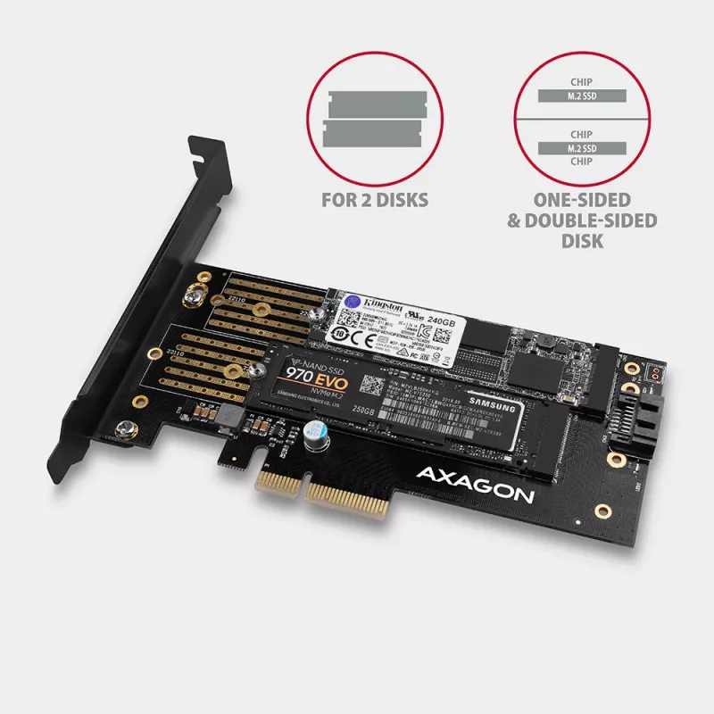 Axagon PCEM2-D PCIe x4 - adapter na dwa dyski M.2 NVMe M-key + SATA B-key z zaślepkami SP i LP
