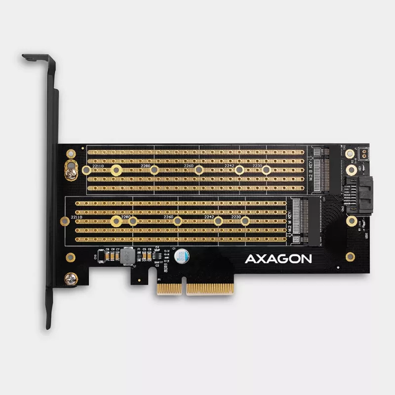 Axagon PCEM2-D PCIe x4 - adapter na dwa dyski M.2 NVMe M-key + SATA B-key z zaślepkami SP i LP