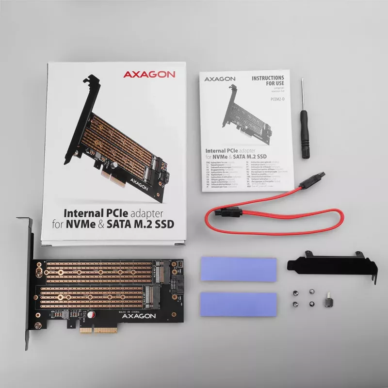 Axagon PCEM2-D PCIe x4 - adapter na dwa dyski M.2 NVMe M-key + SATA B-key z zaślepkami SP i LP