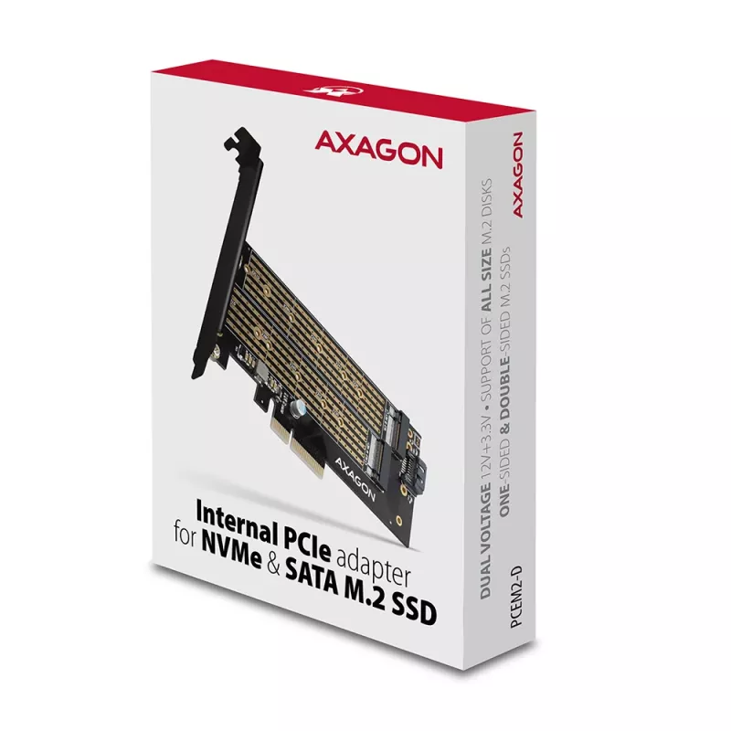 Axagon PCEM2-D PCIe x4 - adapter na dwa dyski M.2 NVMe M-key + SATA B-key z zaślepkami SP i LP