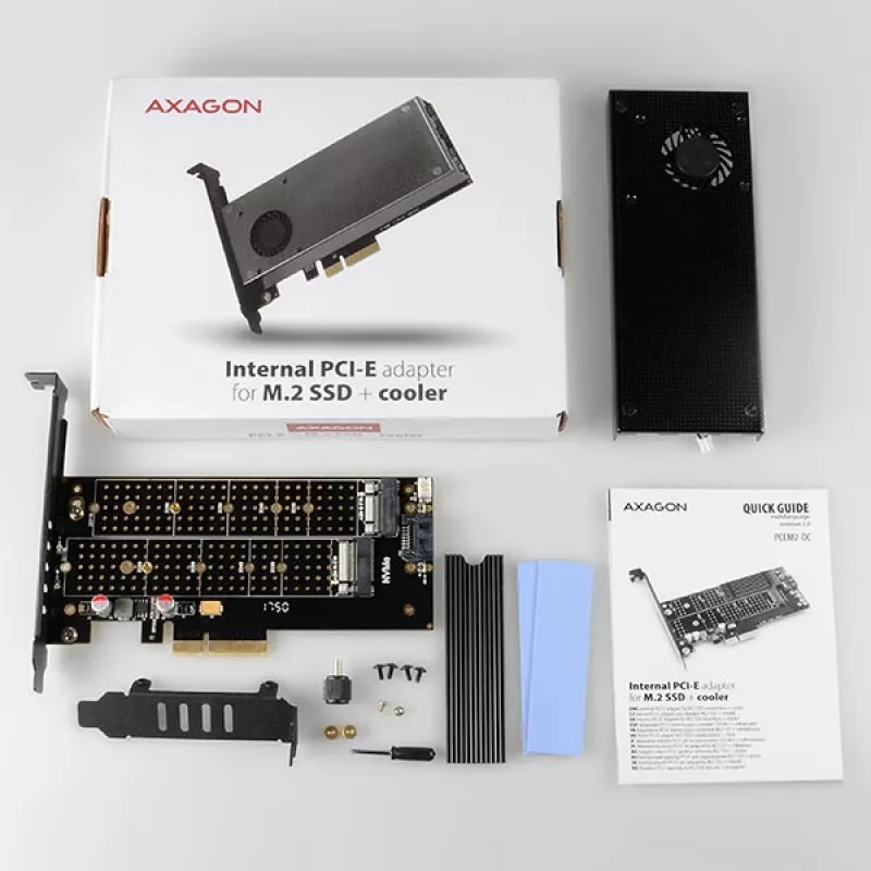 Axagon PCEM2-DC PCIe x4 - adapter na slot M.2 NVMe M-key + SATA B-key z chłodzeniem, SP i LP