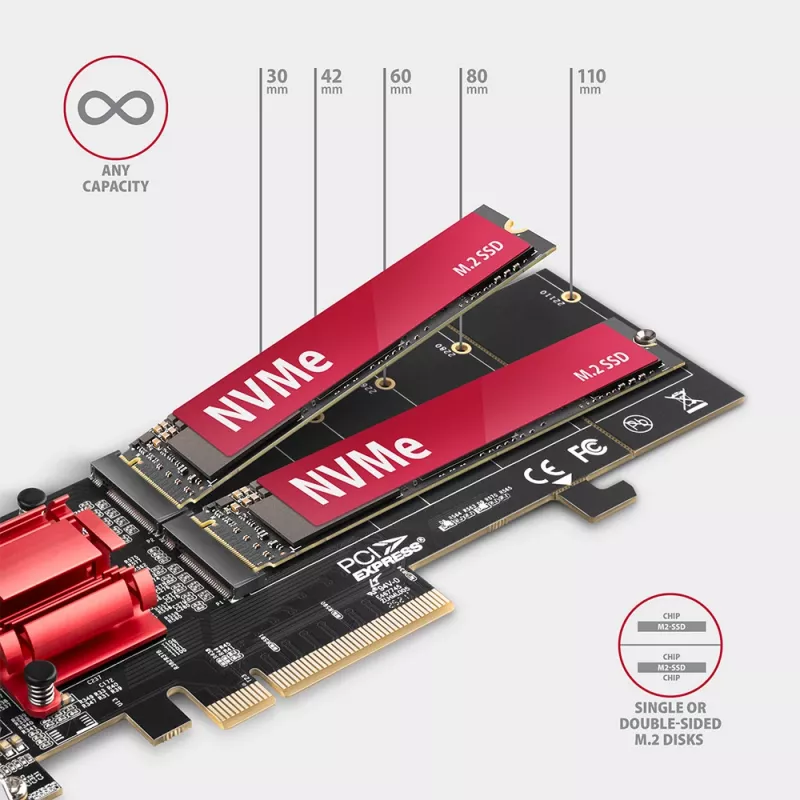 Axagon PCEM2-ND PCIe x8 - adapter z dwoma slotami M.2 NVMe M-key, RAID, przełącznik danych, z wspornikiem standardowym i niskoprofilowym