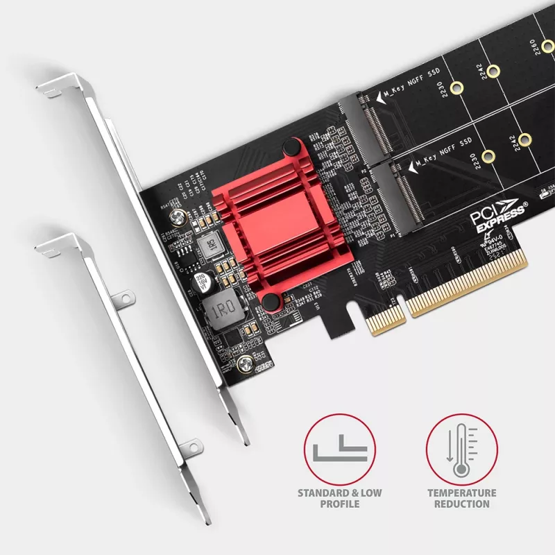 Axagon PCEM2-ND PCIe x8 - adapter z dwoma slotami M.2 NVMe M-key, RAID, przełącznik danych, z wspornikiem standardowym i niskoprofilowym