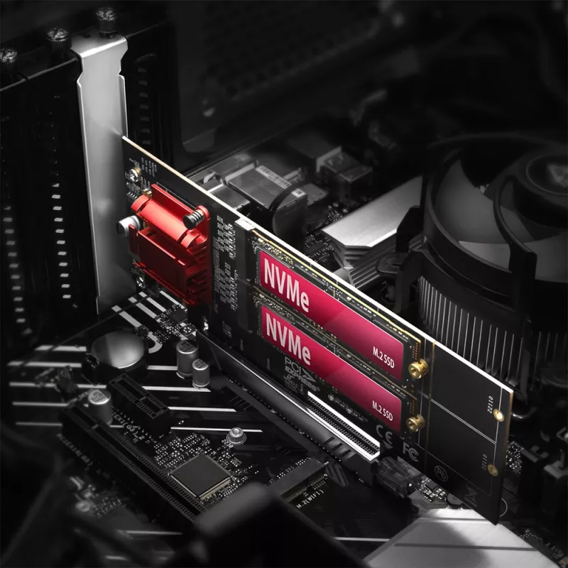 Axagon PCEM2-ND PCIe x8 - adapter z dwoma slotami M.2 NVMe M-key, RAID, przełącznik danych, z wspornikiem standardowym i niskoprofilowym