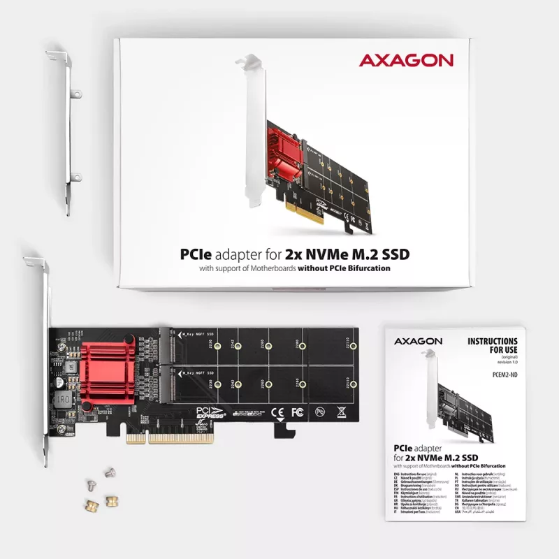 Axagon PCEM2-ND PCIe x8 - adapter z dwoma slotami M.2 NVMe M-key, RAID, przełącznik danych, z wspornikiem standardowym i niskoprofilowym