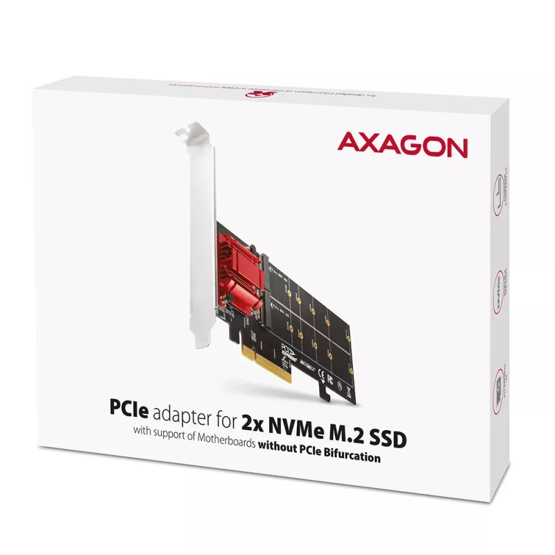 Axagon PCEM2-ND PCIe x8 - adapter z dwoma slotami M.2 NVMe M-key, RAID, przełącznik danych, z wspornikiem standardowym i niskoprofilowym