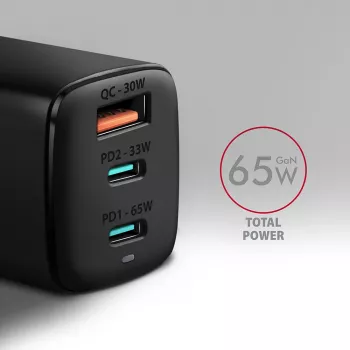 Ładowarka ścienna GaN Axagon ACU-DPQ65 65W, 3 porty (USB-A + podwójny USB-C), PD3.0/QC4+/PPS/Apple