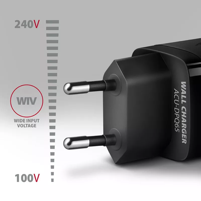 Ładowarka ścienna GaN Axagon ACU-DPQ65 65W, 3 porty (USB-A + podwójny USB-C), PD3.0/QC4+/PPS/Apple