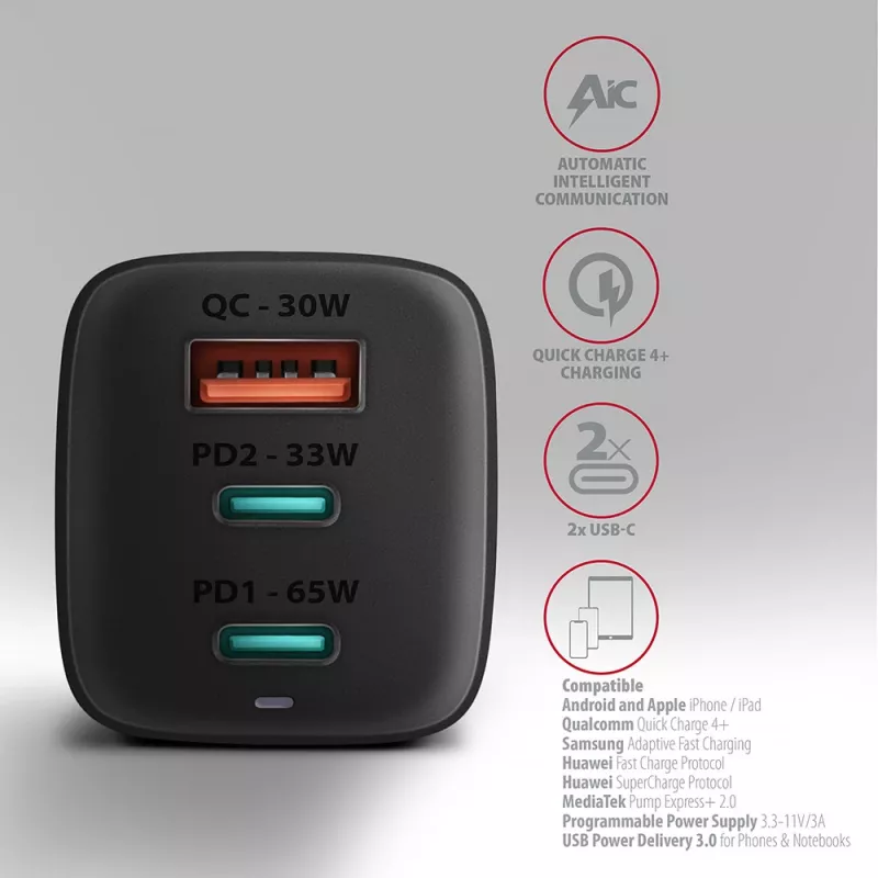 Ładowarka ścienna GaN Axagon ACU-DPQ65 65W, 3 porty (USB-A + podwójny USB-C), PD3.0/QC4+/PPS/Apple