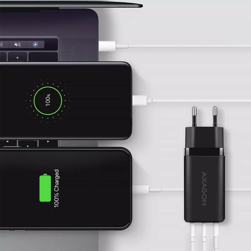 Ładowarka ścienna GaN Axagon ACU-DPQ65 65W, 3 porty (USB-A + podwójny USB-C), PD3.0/QC4+/PPS/Apple