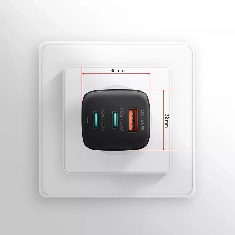 Ładowarka ścienna GaN Axagon ACU-DPQ65 65W, 3 porty (USB-A + podwójny USB-C), PD3.0/QC4+/PPS/Apple