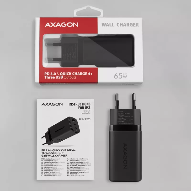 Ładowarka ścienna GaN Axagon ACU-DPQ65 65W, 3 porty (USB-A + podwójny USB-C), PD3.0/QC4+/PPS/Apple