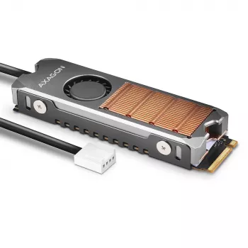 Axagon CLR-M2FAN Miedziany radiator z wentylatorem do jednostronnych i dwustronnych dysków SSD M.2, rozmiar 2280, wysokość 13 mm.