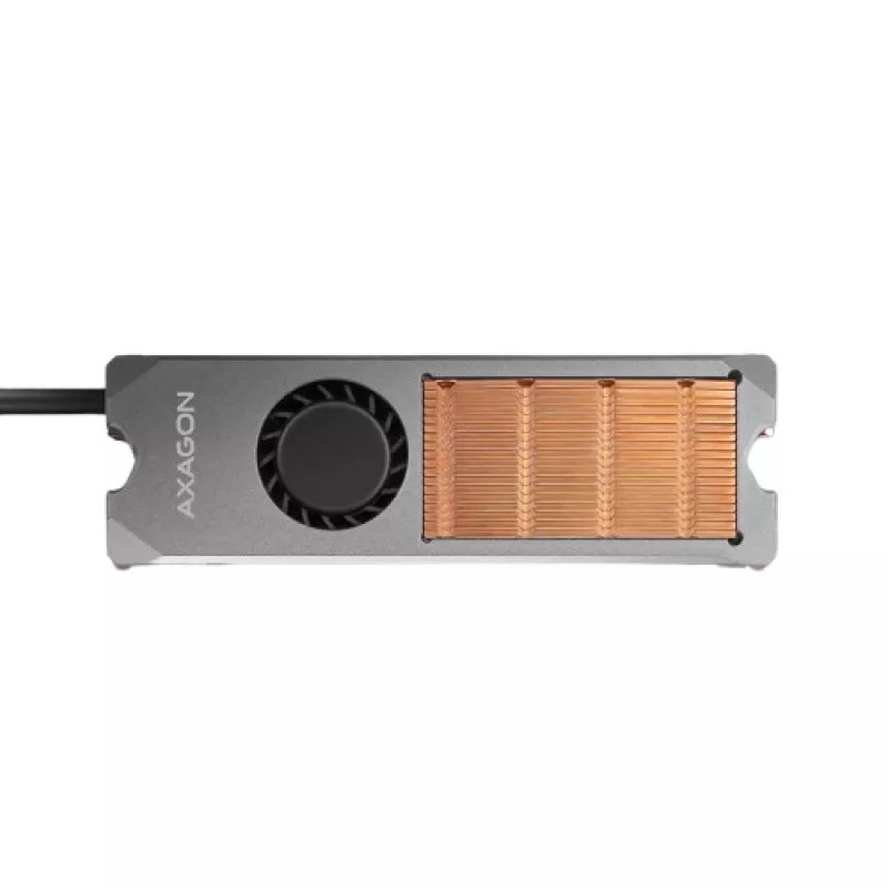 Axagon CLR-M2FAN Miedziany radiator z wentylatorem do jednostronnych i dwustronnych dysków SSD M.2, rozmiar 2280, wysokość 13 mm.