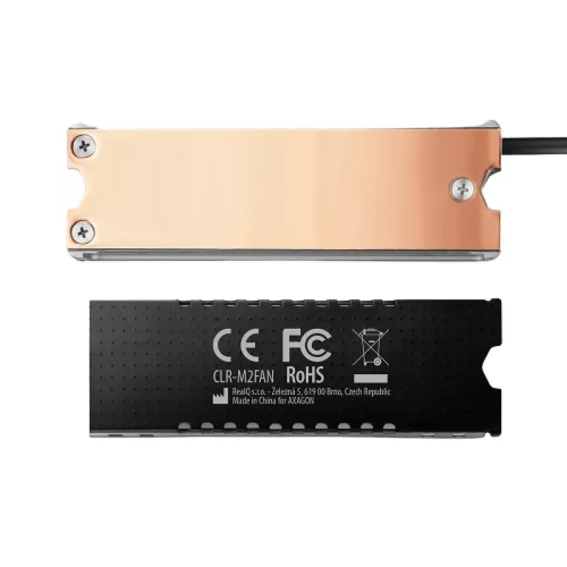 Axagon CLR-M2FAN Miedziany radiator z wentylatorem do jednostronnych i dwustronnych dysków SSD M.2, rozmiar 2280, wysokość 13 mm.