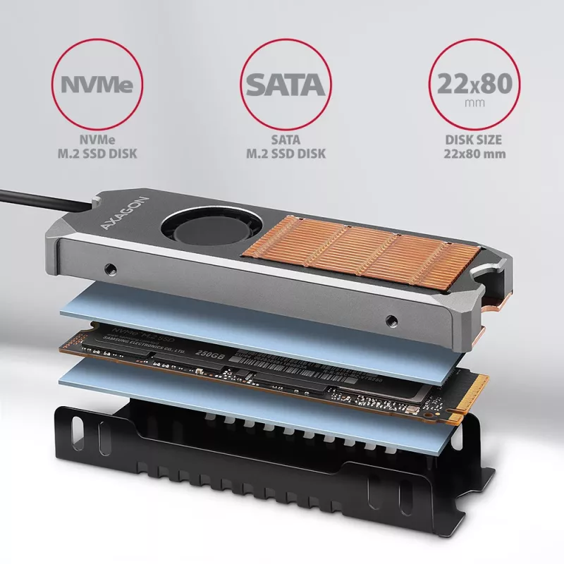 Axagon CLR-M2FAN Miedziany radiator z wentylatorem do jednostronnych i dwustronnych dysków SSD M.2, rozmiar 2280, wysokość 13 mm.