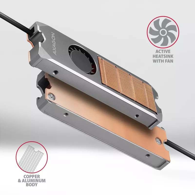 Axagon CLR-M2FAN Miedziany radiator z wentylatorem do jednostronnych i dwustronnych dysków SSD M.2, rozmiar 2280, wysokość 13 mm.