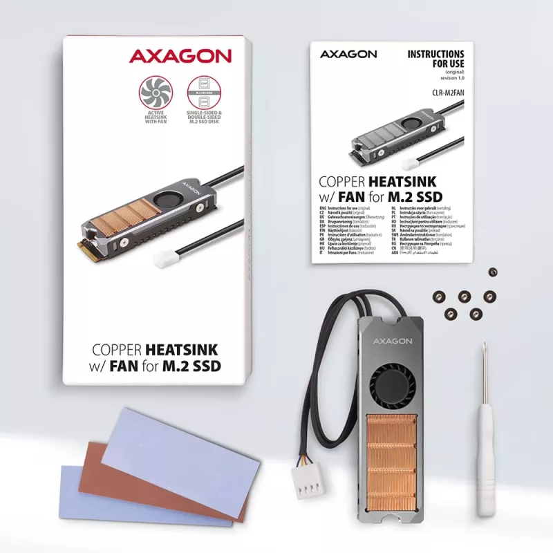 Axagon CLR-M2FAN Miedziany radiator z wentylatorem do jednostronnych i dwustronnych dysków SSD M.2, rozmiar 2280, wysokość 13 mm.