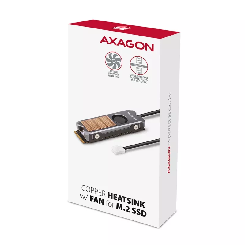 Axagon CLR-M2FAN Miedziany radiator z wentylatorem do jednostronnych i dwustronnych dysków SSD M.2, rozmiar 2280, wysokość 13 mm.