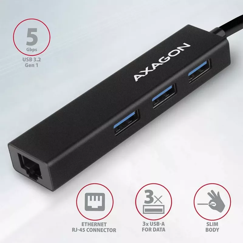Axagon HMA-GL3A Multiport-Hub USB 3.0 Typ A Gbit-LAN 3x USB-A microSD Przewodowy USB 3.2 Gen 1 (3.1 Gen 1) Type-A Czarny