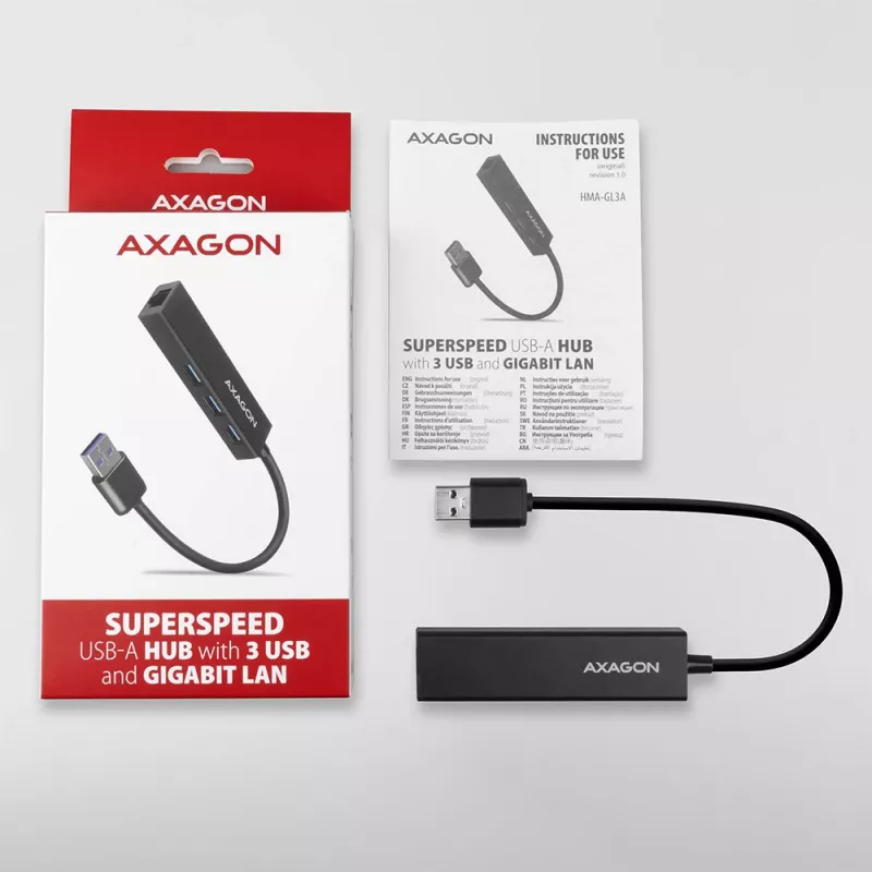 Axagon HMA-GL3A Multiport-Hub USB 3.0 Typ A Gbit-LAN 3x USB-A microSD Przewodowy USB 3.2 Gen 1 (3.1 Gen 1) Type-A Czarny