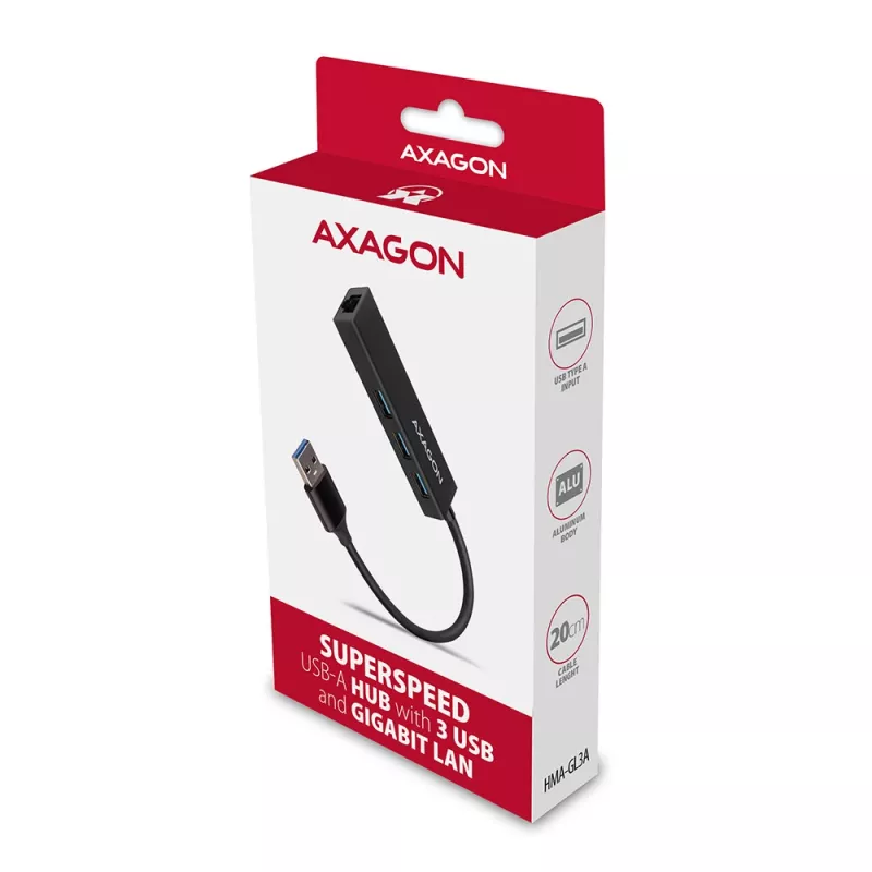 Axagon HMA-GL3A Multiport-Hub USB 3.0 Typ A Gbit-LAN 3x USB-A microSD Przewodowy USB 3.2 Gen 1 (3.1 Gen 1) Type-A Czarny