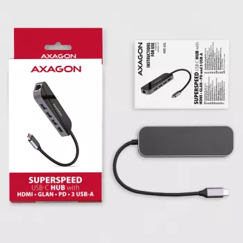 Axagon HMC-6GL Hub USB 3.2 Gen 1, 3x USB-A, HDMI 4K/30Hz, RJ-45, PD 100W, kabel USB-C 20 cm