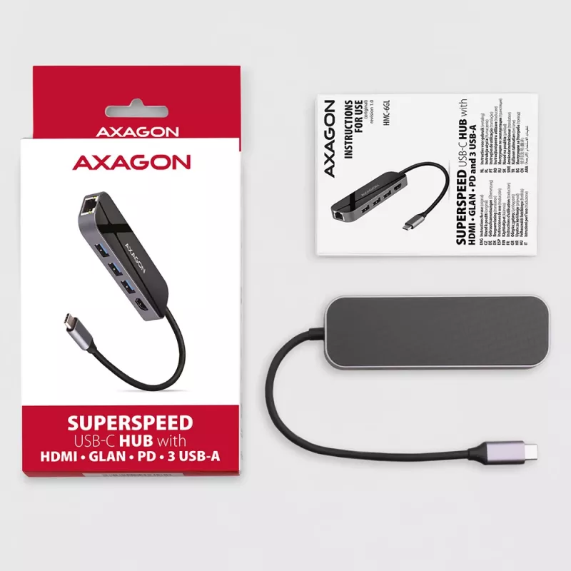Axagon HMC-6GL Hub USB 3.2 Gen 1, 3x USB-A, HDMI 4K/30Hz, RJ-45, PD 100W, kabel USB-C 20 cm