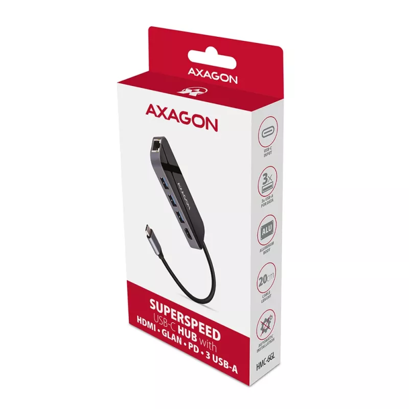Axagon HMC-6GL Hub USB 3.2 Gen 1, 3x USB-A, HDMI 4K/30Hz, RJ-45, PD 100W, kabel USB-C 20 cm