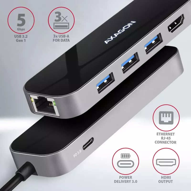 Axagon HMC-6GL Hub USB 3.2 Gen 1, 3x USB-A, HDMI 4K/30Hz, RJ-45, PD 100W, kabel USB-C 20 cm