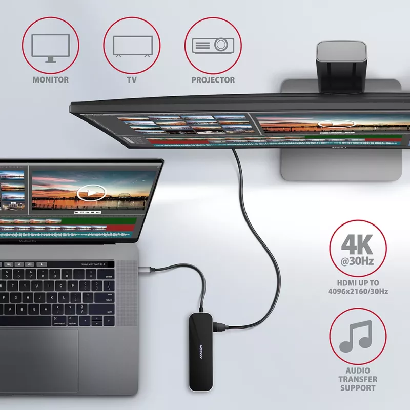 Axagon HMC-6GL Hub USB 3.2 Gen 1, 3x USB-A, HDMI 4K/30Hz, RJ-45, PD 100W, kabel USB-C 20 cm