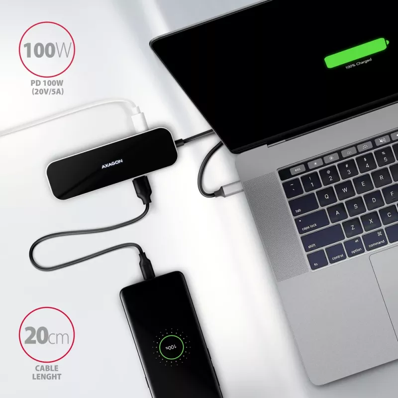 Axagon HMC-6GL Hub USB 3.2 Gen 1, 3x USB-A, HDMI 4K/30Hz, RJ-45, PD 100W, kabel USB-C 20 cm