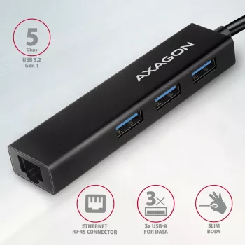 Hub USB-C Axagon HMC-GL3A 3x USB-A Gbit-LAN Czarny
