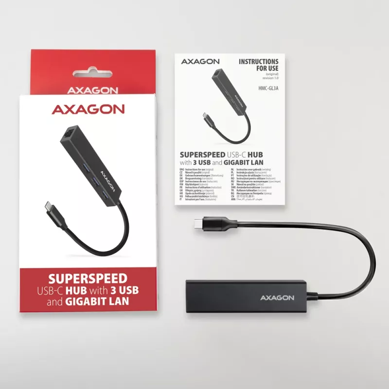 Hub USB-C Axagon HMC-GL3A 3x USB-A Gbit-LAN Czarny