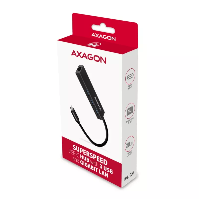 Hub USB-C Axagon HMC-GL3A 3x USB-A Gbit-LAN Czarny