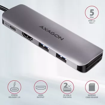 Hub Axagon HMC-5 USB 3.2 Gen 1, 2x USB-A, HDMI, SD/microSD, PD 100W, kabel USB-C 20 cm