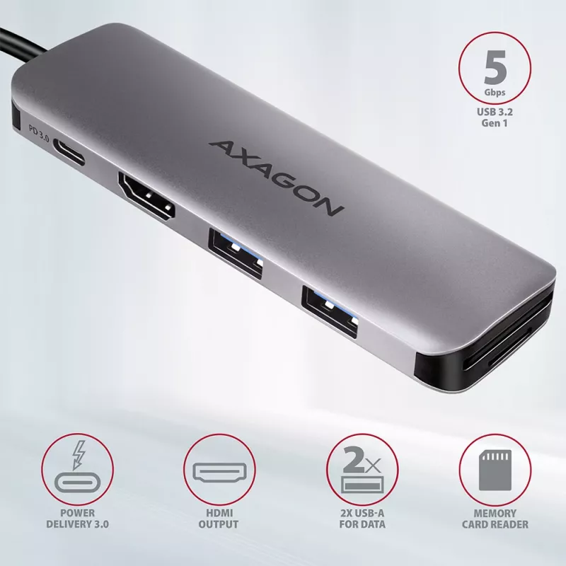 Hub Axagon HMC-5 USB 3.2 Gen 1, 2x USB-A, HDMI, SD/microSD, PD 100W, kabel USB-C 20 cm