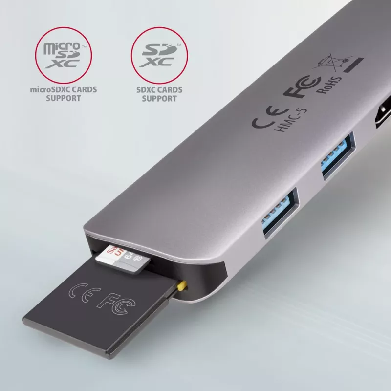 Hub Axagon HMC-5 USB 3.2 Gen 1, 2x USB-A, HDMI, SD/microSD, PD 100W, kabel USB-C 20 cm