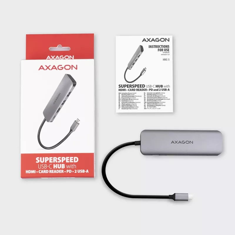 Hub Axagon HMC-5 USB 3.2 Gen 1, 2x USB-A, HDMI, SD/microSD, PD 100W, kabel USB-C 20 cm
