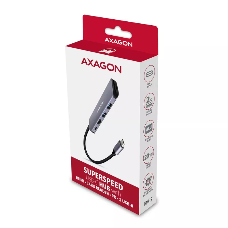 Hub Axagon HMC-5 USB 3.2 Gen 1, 2x USB-A, HDMI, SD/microSD, PD 100W, kabel USB-C 20 cm